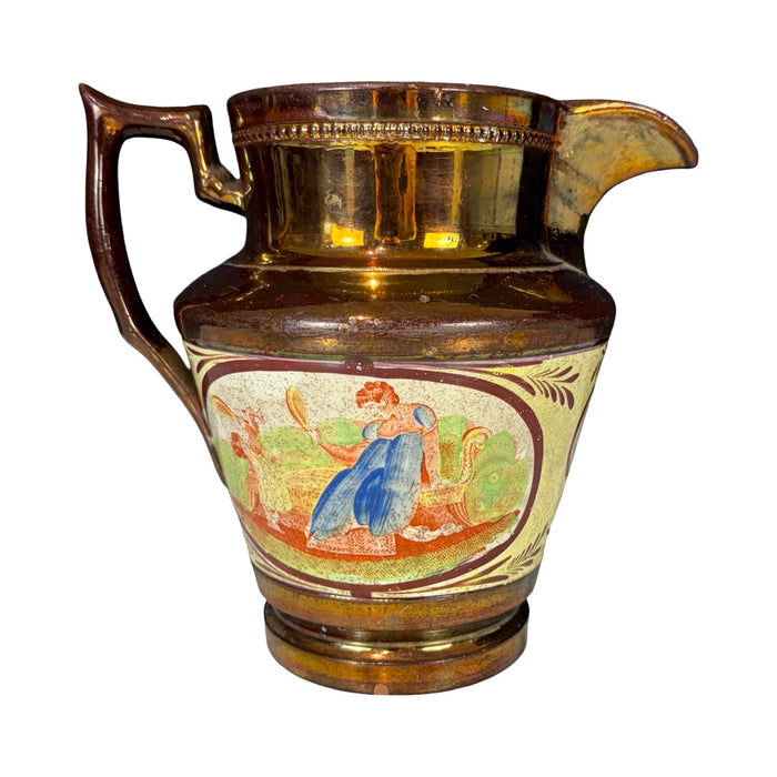 19th Century English Copper Lustreware Pottery Pitcher Jug with Classical Handpainted Figural Decoration