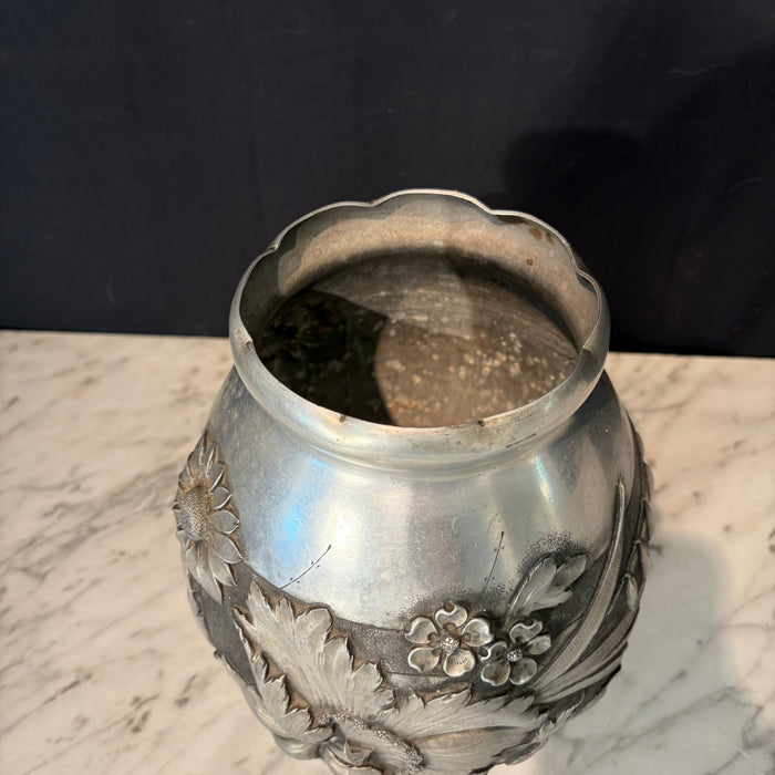 French Art Deco Pewter Floral Vase Signed by Lucien Houzeaux