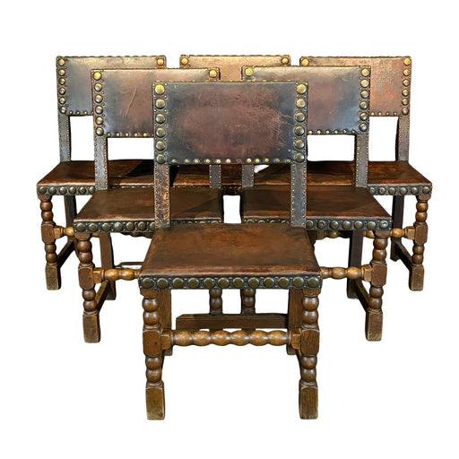 French Antique Set of Leather and Nailhead Dining Chairs with Bobbin Legs