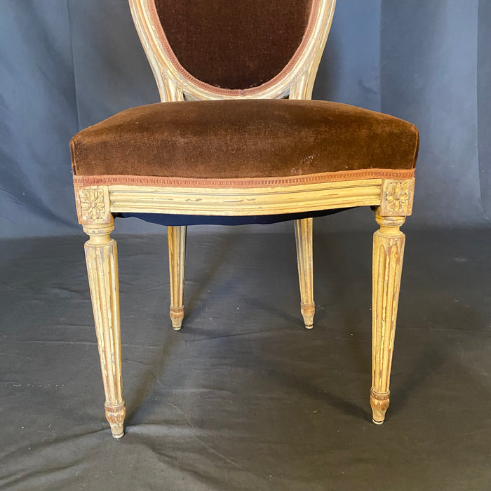 Set of 2 French Louis XVI Oval Back Carved Wood Mohair Upholstered Dining or Side Chairs