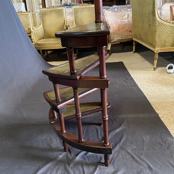 French Antique Library Staircase, Library Steps or Spiral Stairs in Mahogany with Embossed Leather Treads