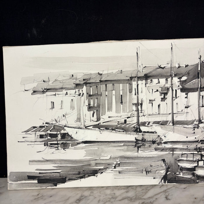 Maritime Harbor Painting with Boats - Nautical Black and White Ink and Oil on Canvas
