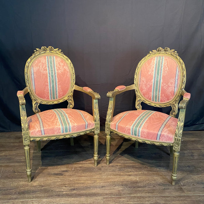 Pair of French Louis XVI Style Giltwood Armchairs, Fauteuils or Salon Chairs