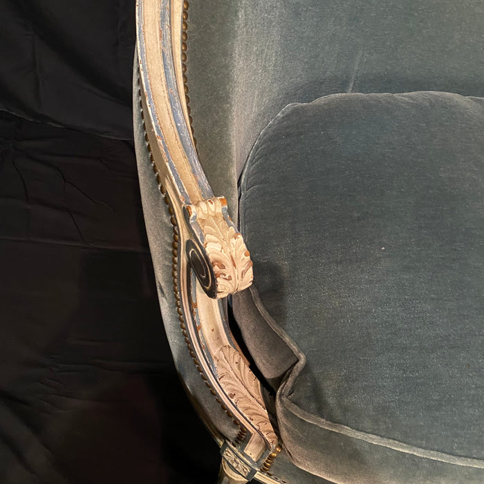 Antique French Louis XVI Sofa, Loveseat or Settee in Original White Paint and Blue Mohair Upholstery