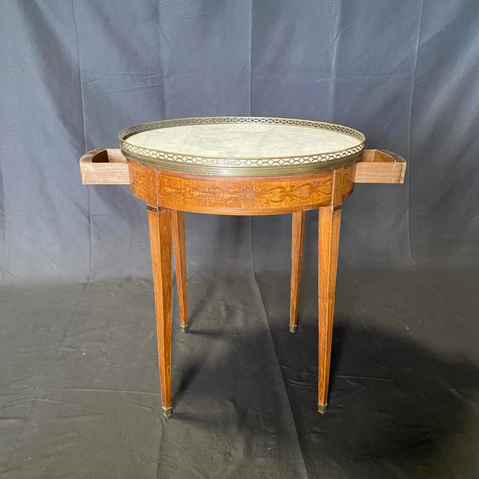 19th Century French Round Carrera Marble Top Side Table, Accent Table or Bouillotte Table with Exquisite Ribbon Marquetry and Bronze Gallery