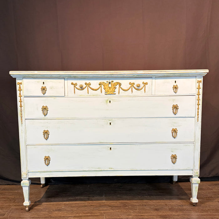 French Louis XVI Style Painted Blue Chest of Drawers with Gilt Bronze Mounts