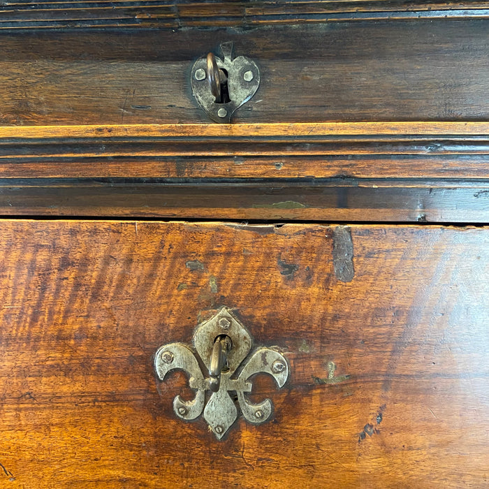 18th Century Spanish Baroque Walnut Bargueno or Vargueno Fall-Front Writing Desk Cabinet Spanish Cabinet "Bargueño" or Vargueno on Stand, Original Wrought Iron and Keys
