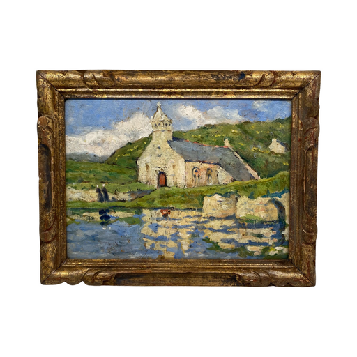 French Impressionist Oil Painting with Lovely Church Reflecting on the Water - from Paris