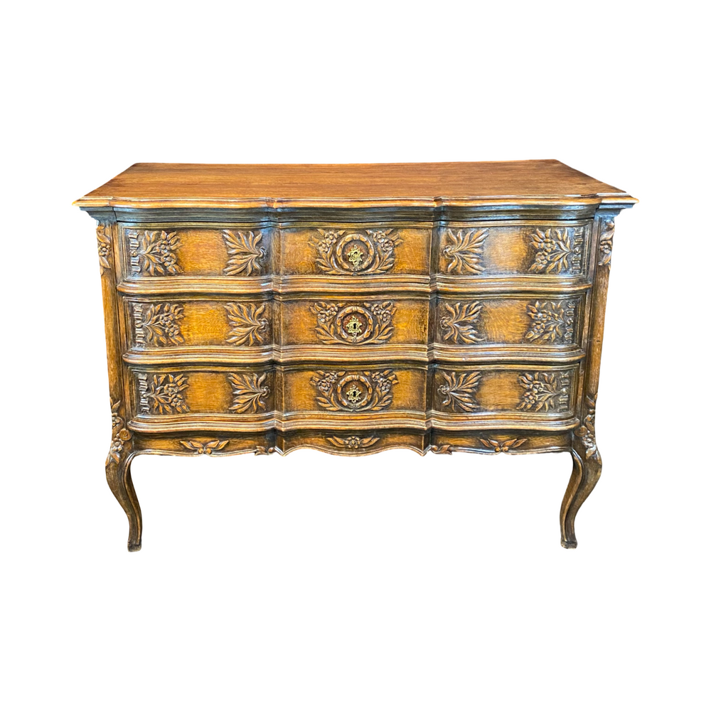 French Louis XV Carved Oak Provincial Country Commode or Chest of Drawers
