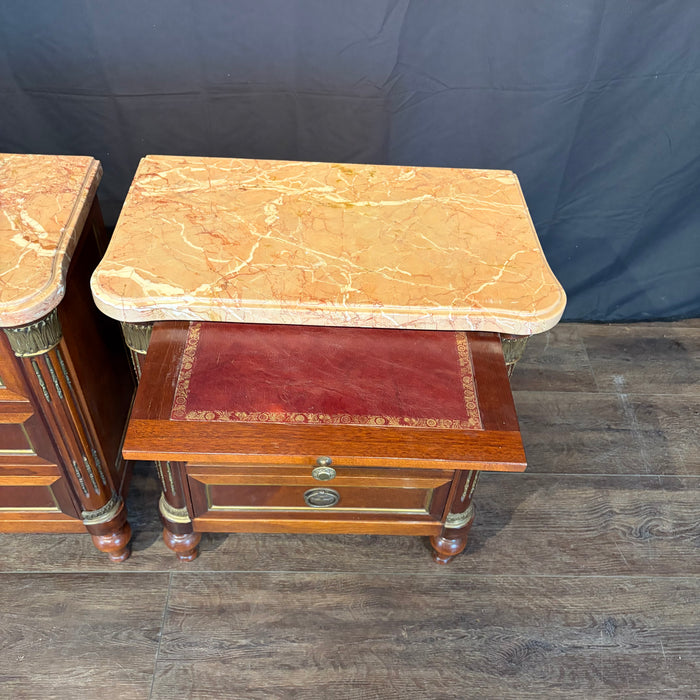 Pair of Antique French Marble Top Petite Commodes, Side Tables or Nightstands with Brass Mounts