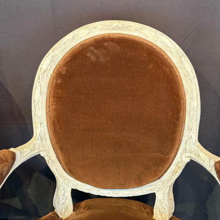 Pair of 19th Century French Louis XVI Carved and Painted Fauteuil Armchairs with Exceptional Carving