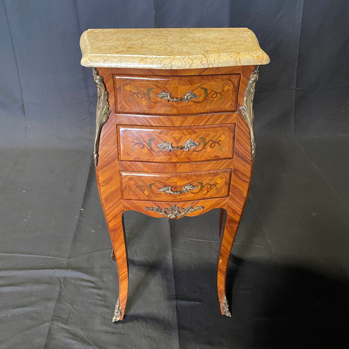 Pair French Louis XV Marble Topped Nightstands or Side Tables with Marquetry and Herringbone Inlay