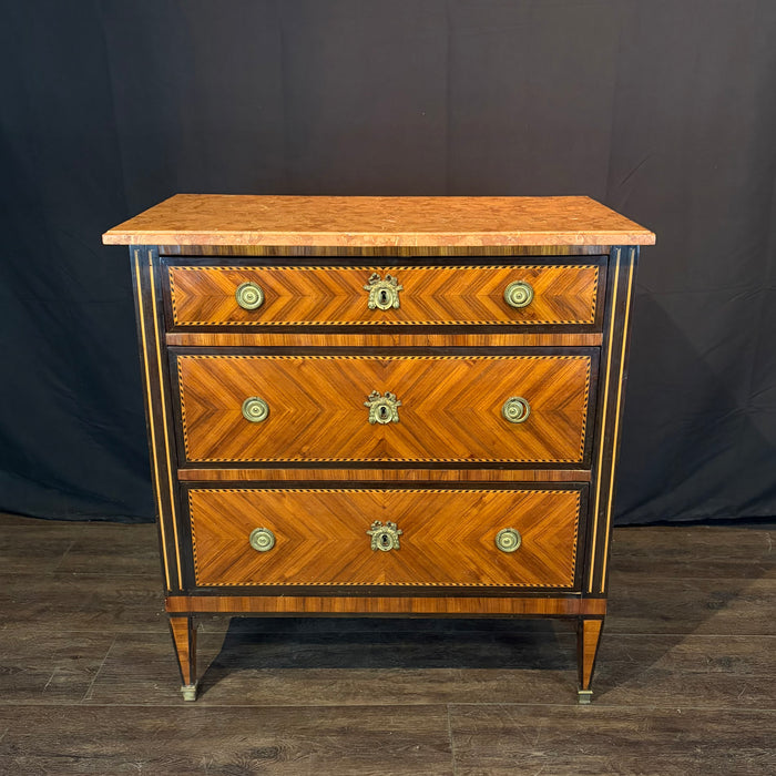 French Neoclassical Louis XVI Marble Top Parquetry Commode or Chest of Drawers