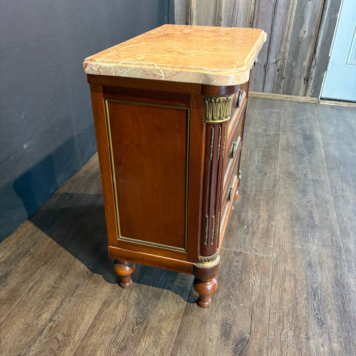 Pair of Antique French Marble Top Petite Commodes, Side Tables or Nightstands with Brass Mounts
