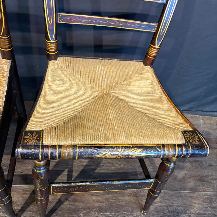 Early 19th Century American Painted Hitchcock-Style Side Chairs with Rush Seats and Gilt Stenciling