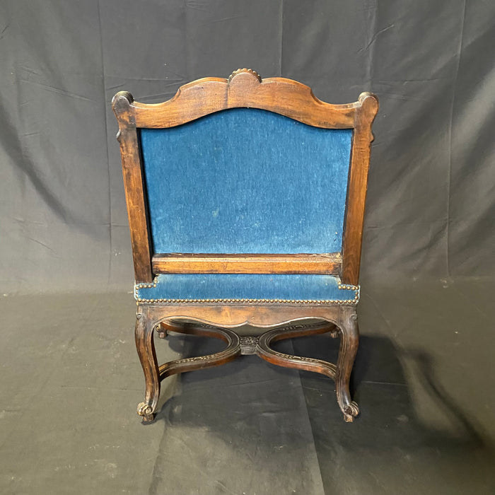 Pair of 19th Century French Louis XV Chairs with Original Blue Mohair Upholstery Armchairs or Fauteuils