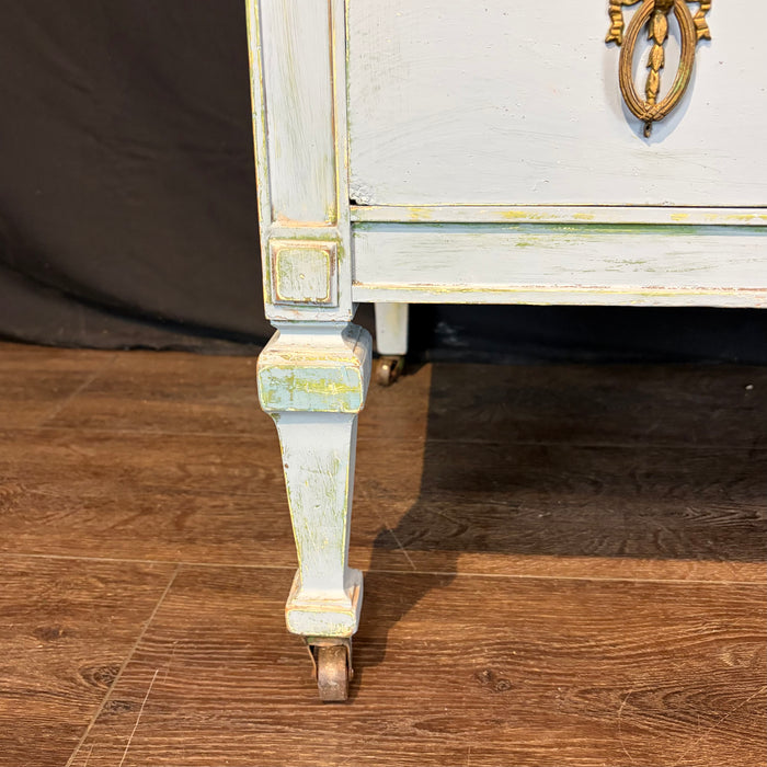French Louis XVI Style Painted Blue Chest of Drawers with Gilt Bronze Mounts