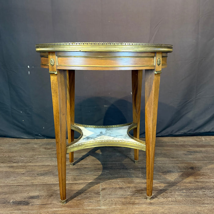 Antique French Bouillotte Round Side Table with Marble Top, Marble Stretcher and Brass Gallery