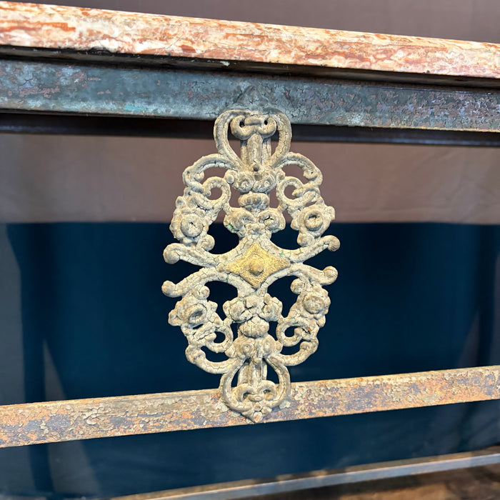 Stunning French Balcony Console Table with Marble Top & Gold Figural Wrought Iron Panel