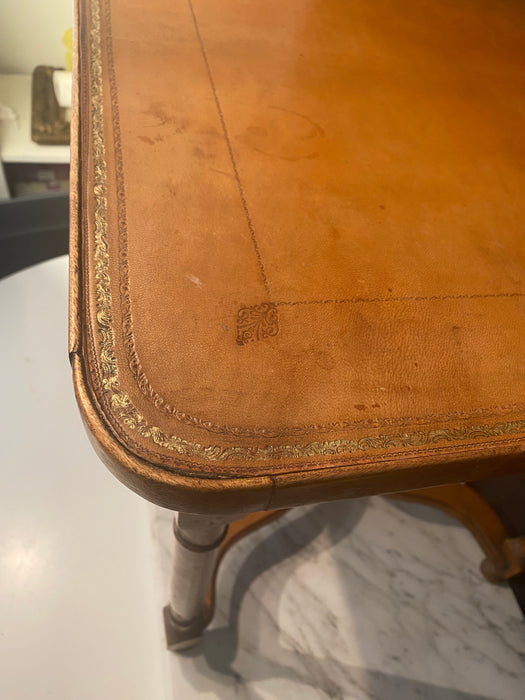 French Side Table with Embossed Leather Top and X-Form Stretcher 19th Century