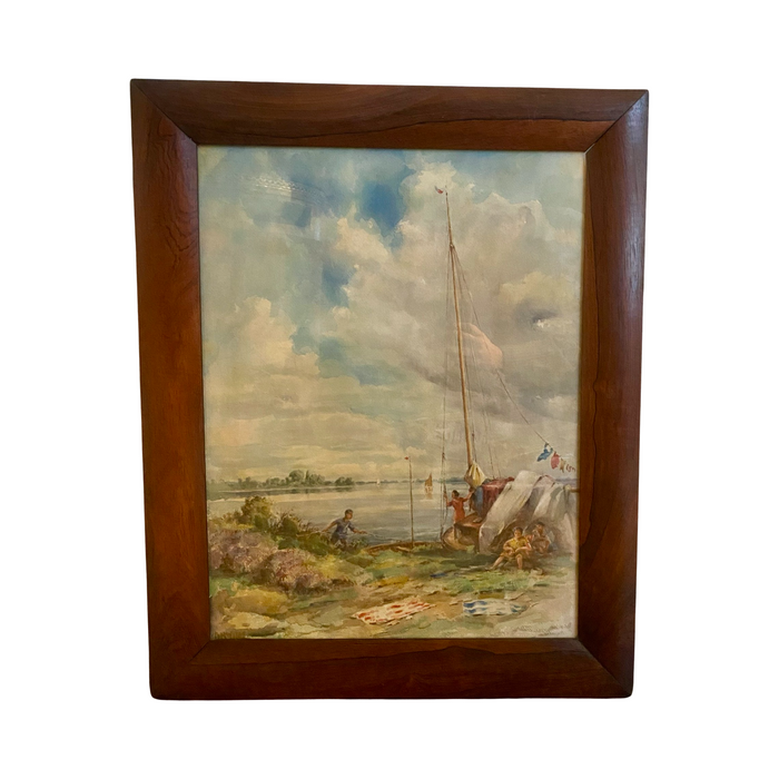 Listed British Artist Bernard Harper Wiles (1883-1966) - Signed Framed Original Watercolor Painting of a Family and a Sailboat on the Water in England