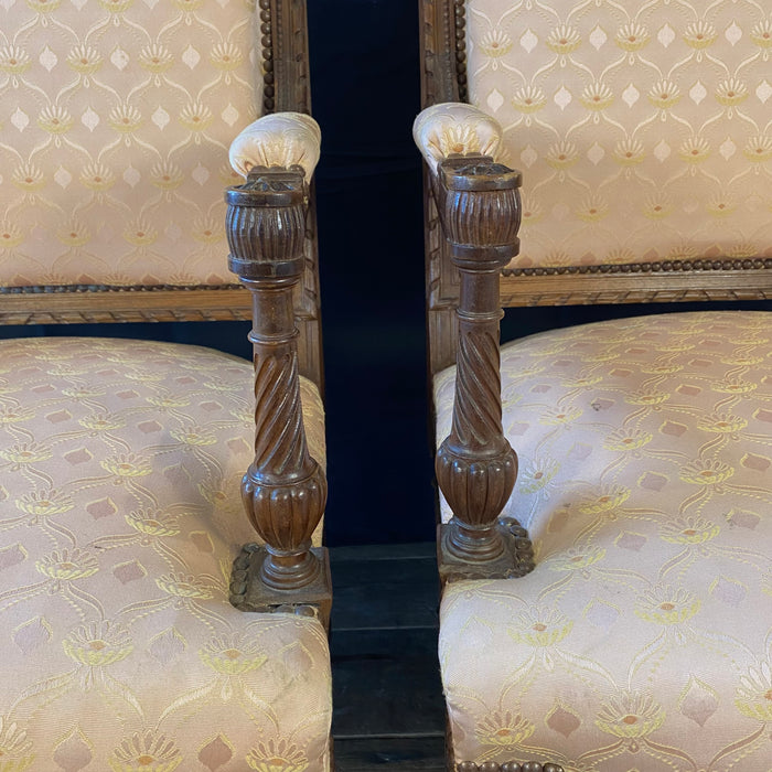 Pair of French Louis XVI Hand Carved Walnut Armchairs or Fauteuils Late 19th/Early 20th Century