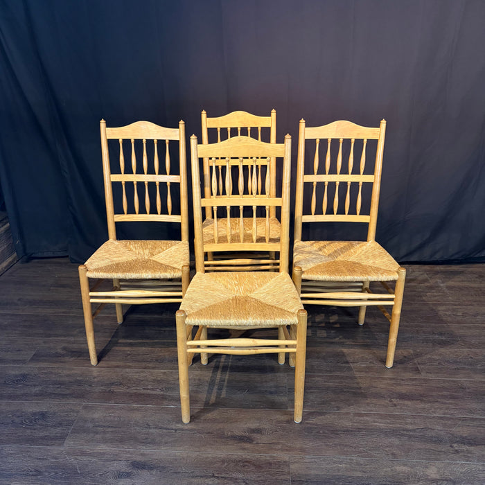 Set of Four Swedish Gustavian Style Country Spindle Back Dining Chairs with Rush Seats