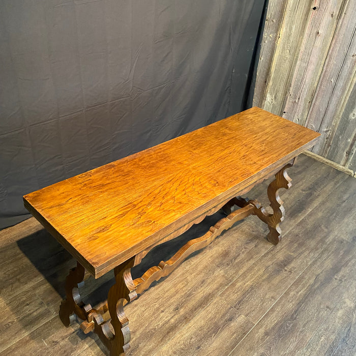 French Console Table or Dining Table with Carved Trestle Base and Folding Solid Oak Top