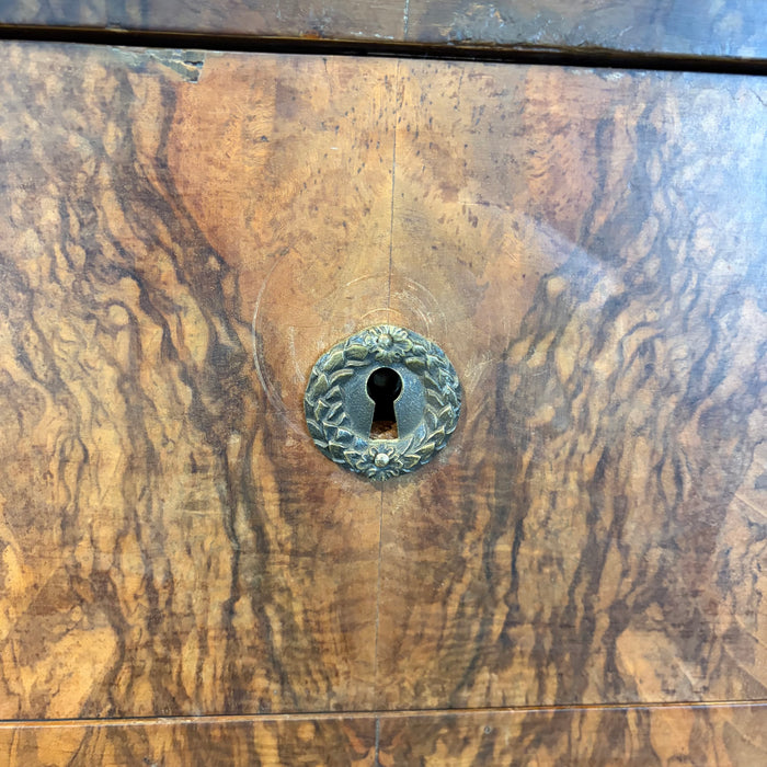19th Century French Burled Wood Commode, Dresser or Chest of Drawers with Marble Top and Lion Pulls