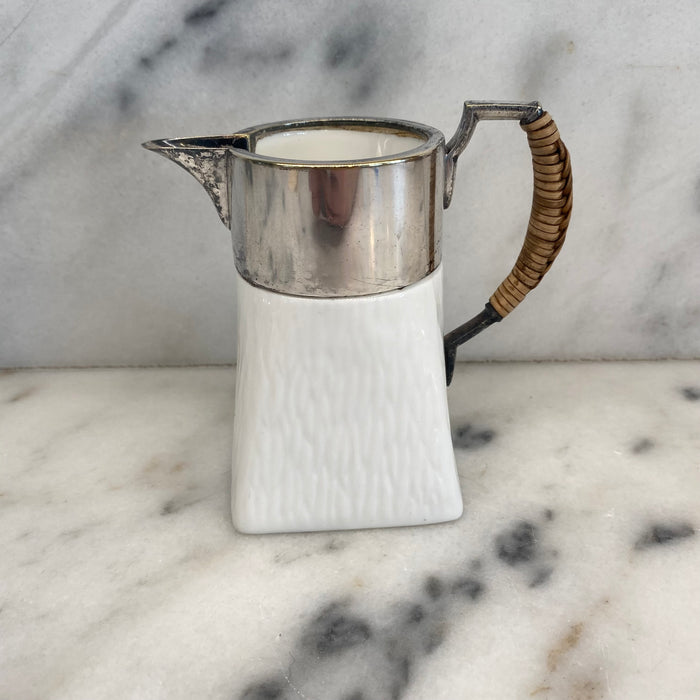 Wedgwood British Porcelain & Silver Plate Cream Pitcher with Wicker Handle