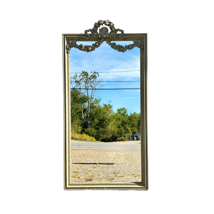 Tall Antique French Painted Neoclassical Pier Mirror with Gilt Accents, Floral Garlands, Ribbon Bow and Wreath Crest