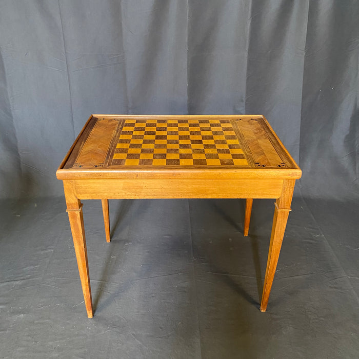 French Louis XVI Walnut Game Table with Reversible Embossed Leather Top, Marquetry Games Play Board and Inlaid Backgammon Board