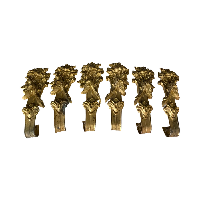French Art Nouveau Gilt Pressed Brass Curtain Tiebacks or Curtain Holders, Set of Six
