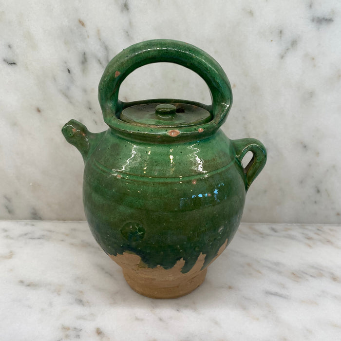 French Antique Green Glazed Gargoulette - Antique Provencal Pottery Jug with Lid
