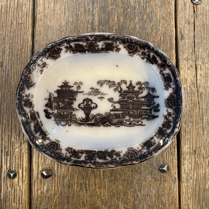 British Ironstone 19th Century Soap or Butter Dish Black and White Podmore, Walker & Co.