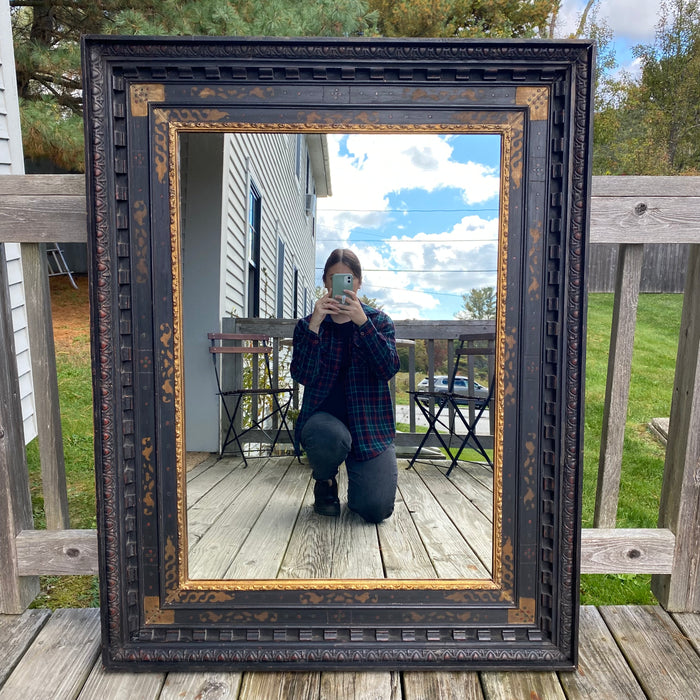 Large French 16th Century Renaissance Painted and Gilt and Ebony Carved Framed Mirror