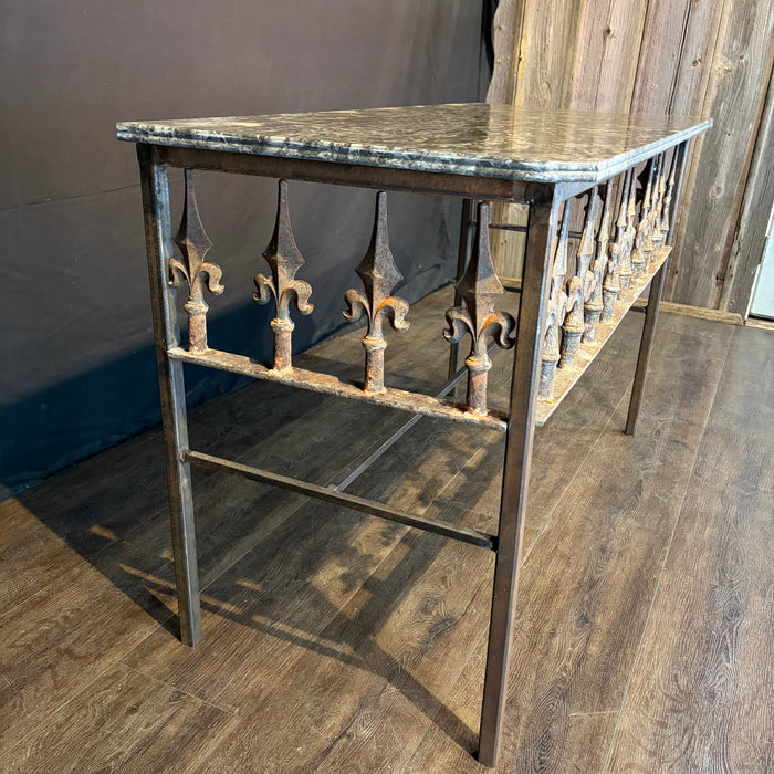 Antique French Wrought Iron Console Table with Marble Top | Balcony Railing Console Large