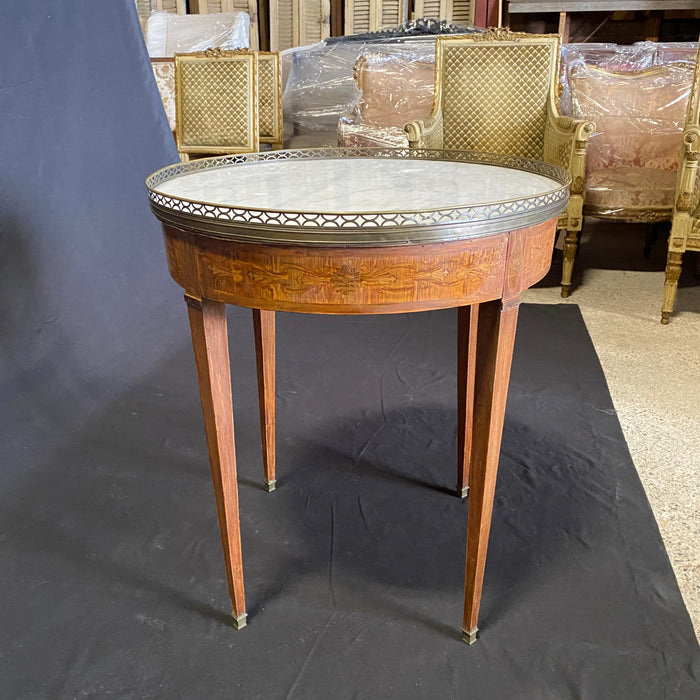 19th Century French Round Carrera Marble Top Side Table, Accent Table or Bouillotte Table with Exquisite Ribbon Marquetry and Bronze Gallery