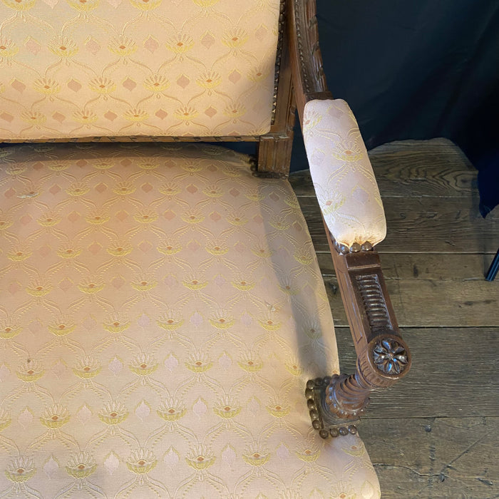 Pair of French Louis XVI Hand Carved Walnut Armchairs or Fauteuils Late 19th/Early 20th Century