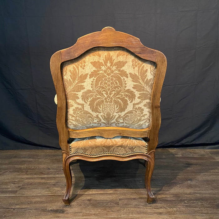 Pair of French Louis XV Carved Armchairs with Cut Velvet Mohair Upholstery