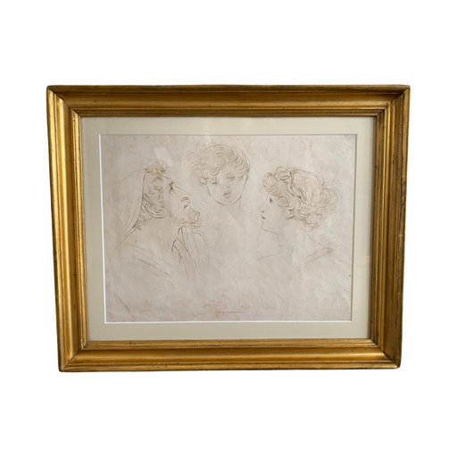 1820 Framed British Artwork Drawing of an Angel Child and Couple in Gold Frame