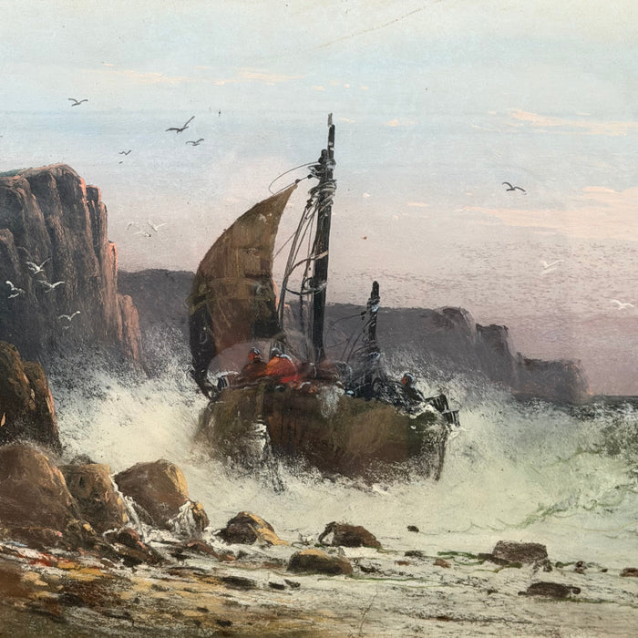 19th Century Coastal Seascape Pastel Painting with Rocky Coast by Listed Artist Clarence E. Braley (1854-1927)
