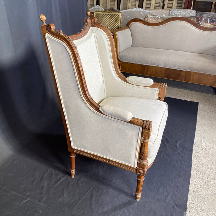 French 19th Century Louis XVI Exquisitely Carved Elegant Walnut Bergere, Armchair or Wing Chair with New Upholstery