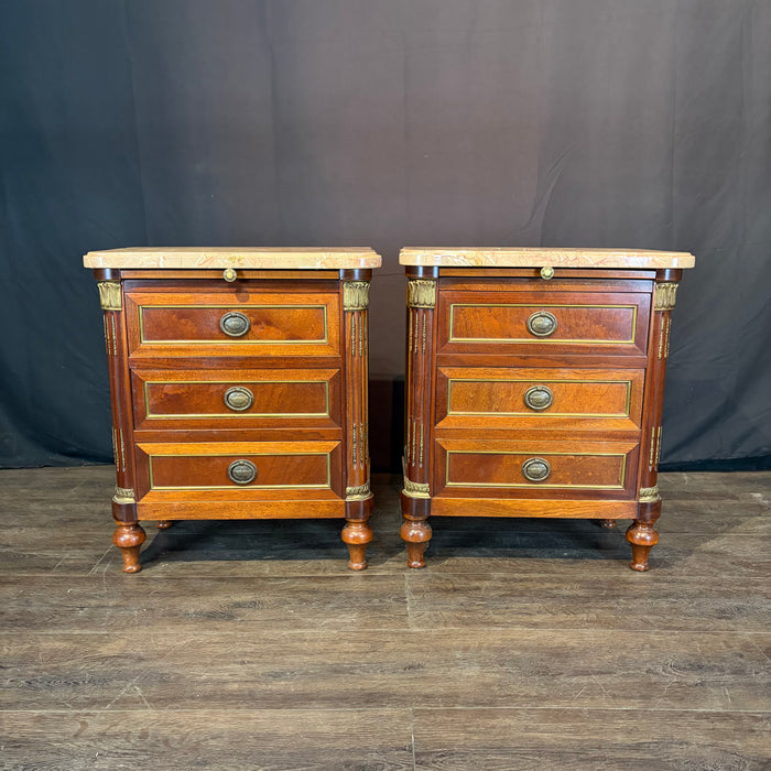 Pair of Antique French Marble Top Petite Commodes, Side Tables or Nightstands with Brass Mounts