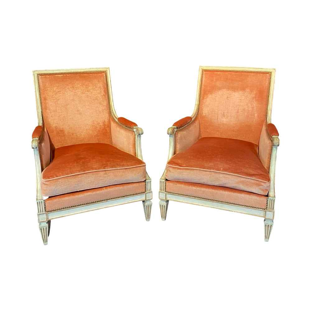 Pair of Antique French Louis XVI Painted Bergere Chairs or Armchairs with Original Mohair