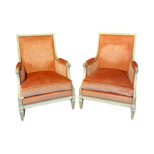 Pair of French Louis XVI Painted Bergere Chairs or Armchairs with Original Mohair