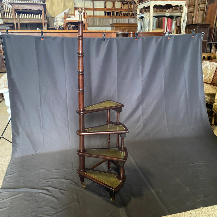 French Antique Library Staircase, Library Steps or Spiral Stairs in Mahogany with Embossed Leather Treads