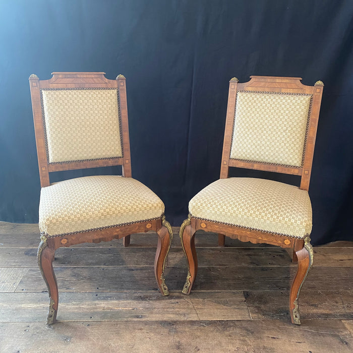 Pair of Antique French Neoclassical Side Chairs or Accent Chairs with Spectacular Inlay and Bronze Mounts