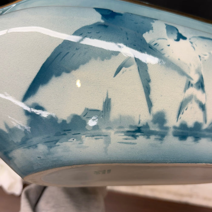 French Faience Three-Piece Vase and Jardinière Set with Swallows by Keller and Guerin