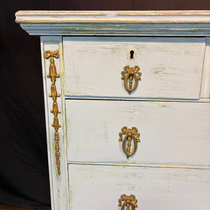 French Louis XVI Style Painted Blue Chest of Drawers with Gilt Bronze Mounts